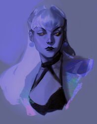 Rule 34 | 1girl, aina (mayexplode), asymmetrical bangs, black lips, cone hair bun, drop earrings, earrings, evelynn (league of legends), expressionless, hair bun, highres, jewelry, league of legends, long hair, looking to the side, purple background, solo, the baddest evelynn, upper body, white hair, yellow eyes