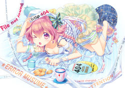 Rule 34 | &gt; &lt;, 1girl, ass, blush, bow, braid, cu-rim, cup, earrings, english text, closed eyes, fang, food, hair bow, jewelry, one eye closed, open mouth, original, panties, personification, pink hair, plate, ribbon, sandals, solo, teacup, underwear, wink