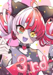 Rule 34 | 1girl, absurdres, ahoge, anniversary, black bow, black nails, bow, colored skin, double bun, earrings, fangs, grey skin, hair bun, harunohotaru, heterochromia, highres, hololive, hololive indonesia, jewelry, kureiji ollie, looking at viewer, mismatched pupils, open mouth, patchwork skin, red hair, single earring, smile, solo, upper body, virtual youtuber