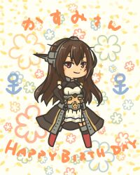 Rule 34 | 1girl, absurdres, black coat, black gloves, black hair, brown eyes, chibi, coat, commentary request, elbow gloves, gloves, happy birthday, headgear, highres, kantai collection, looking at viewer, midriff, nagato (kancolle), nagato kai ni (kancolle), pot-de, red thighhighs, shirt, smile, solo, thighhighs, white shirt