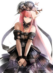 Rule 34 | 1girl, black dress, black ribbon, blunt bangs, breasts, choker, cleavage, closed mouth, collarbone, dress, gothic lolita, green eyes, lolita fashion, long hair, looking at viewer, off-shoulder dress, off shoulder, original, pink hair, pointy ears, ribbon, ribbon choker, simple background, small breasts, solo, sushi (sashimise), very long hair, white background