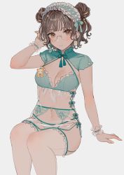 Rule 34 | 1girl, blunt bangs, blush, bra, breasts, brown eyes, brown hair, capelet, cleavage, double bun, earrings, flower, garter belt, glasses, green bra, green capelet, green ribbon, hair bun, hair flower, hair ornament, hand up, highres, invisible chair, jewelry, lingerie, looking at viewer, maid headdress, medium breasts, mismatched earrings, miyako (xxxbibit), mole, mole under eye, multicolored hair, nail polish, navel, original, panties, ribbon, see-through, short hair, sitting, smile, solo, streaked hair, thighhighs, underwear, white panties, white thighhighs, wrist cuffs, yellow nails
