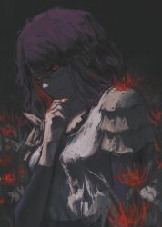 Rule 34 | absurdres, blood, dark background, dress, flower, hand on own chin, highres, kamishiro rize, looking at viewer, purple eyes, red eyes, shiej007, smile, spider lily, tokyo ghoul