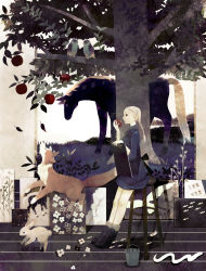Rule 34 | 1girl, animal, apple, apple tree, bird, black dress, black footwear, black ribbon, blonde hair, boots, braid, bucket, rabbit, canvas (object), collared dress, dog, dress, eating, fish, flower, food, from side, fruit, grass, highres, holding, holding food, holding fruit, horse, leaf, long hair, long sleeves, nail, neck ribbon, original, owl, painting (object), ribbon, sitting, sleeves rolled up, snake, socks, solo, stool, tono (rt0no), tree