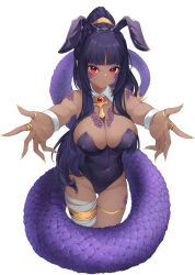 1girl :t absurdres animal_ears bandage_on_thigh blunt_bangs breasts cleavage covered_navel detached_collar fake_animal_ears high_ponytail highres large_breasts leotard long_hair naya_onuphyrus outstretched_arms playboy_bunny purple_hair rabbit_ears saino_entertainment scales shironagase simple_background snake_girl snake_tail solo tail thigh_gap very_long_hair virtual_youtuber white_background wrist_cuffs yellow_nails