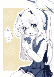 Rule 34 | 1girl, absurdres, blue archive, blush, collared shirt, demon horns, dress, food, halo, highres, holding, holding food, horns, ibuki (blue archive), long hair, long sleeves, looking at viewer, makolas97, monochrome, open mouth, pinafore dress, pointy ears, shirt, side ponytail, sleeveless, sleeveless dress, solo, speech bubble