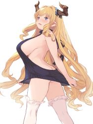 Rule 34 | 10s, 1girl, aran sweater, ass, backless dress, backless outfit, bare back, black sweater, blonde hair, blue eyes, blush, breasts, butt crack, cable knit, dress, granblue fantasy, halterneck, horns, large breasts, long hair, meme attire, open mouth, razia, sideboob, simple background, solo, sweater, sweater dress, thighhighs, turtleneck, turtleneck sweater, u jie, virgin killer sweater, white background, white thighhighs