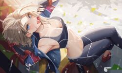 Rule 34 | 1girl, armpits, bikini bridge, blonde hair, blue eyes, blue jacket, breasts, cammy white, candy, cleavage, commentary, confetti, crossed legs, dutch angle, english commentary, fingerless gloves, fingernails, food, from above, gloves, groin, highres, jacket, lollipop, long fingernails, looking at viewer, medium breasts, medium hair, navel, neo (neorarty3), open clothes, red footwear, scar, scar on face, solo, sports bra, steepled fingers, street fighter, street fighter 6, tongue, tongue out