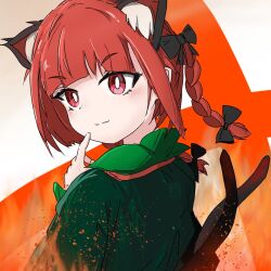 Rule 34 | 1girl, animal ears, blunt bangs, braid, cat ears, cat tail, closed mouth, extra ears, fire, kaenbyou rin, karakasa (krksdy), looking at viewer, medium hair, multiple tails, nekomata, red eyes, red hair, side braids, smile, solo, tail, touhou, twin braids, two tails, upper body