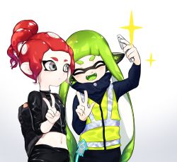 Rule 34 | 2girls, agent 3 (splatoon), agent 8 (splatoon), amatya, black jacket, black shirt, black shorts, black skirt, blunt bangs, cellphone, closed mouth, colored tongue, commentary request, emblem, facing viewer, fangs, gradient background, green hair, green tongue, grey background, grey eyes, hair up, head tilt, headgear, holding, holding phone, inkling, inkling girl, inkling player character, jacket, leather, leather jacket, long hair, long sleeves, midriff, multiple girls, navel, nintendo, octoling, octoling girl, octoling player character, open mouth, pencil skirt, phone, pointy ears, red hair, selfie, shirt, short hair, short ponytail, shorts, single vertical stripe, skirt, smartphone, smile, sparkle, splatoon (series), splatoon 2, splatoon 2: octo expansion, squid, squidbeak splatoon, standing, suction cups, tentacle hair, v, v-shaped eyebrows, vest, w, yellow vest, zipper