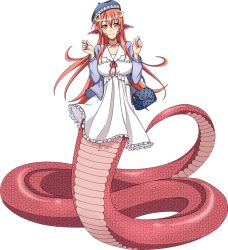 Rule 34 | 1girl, artist request, bag, blue headwear, blue jacket, breasts, dress, full body, game cg, hair between eyes, hair ornament, hairclip, handbag, jacket, lamia, large breasts, long hair, looking at viewer, miia (monster musume), monster girl, monster musume no iru nichijou, monster musume no iru nichijou online, official alternate costume, official art, pointy ears, red hair, scales, slit pupils, smile, solo, transparent background, white dress, yellow eyes