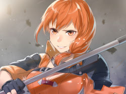 Rule 34 | 1girl, armor, breasts, cleavage, commentary, female focus, fire emblem, fire emblem: three houses, gloves, grin, haru (nakajou-28), holding, holding weapon, large breasts, leonie pinelli, matching hair/eyes, nintendo, orange eyes, orange hair, orange shirt, partially fingerless gloves, pauldrons, polearm, shirt, short hair, shoulder armor, side ponytail, smile, solo, sweat, upper body, weapon