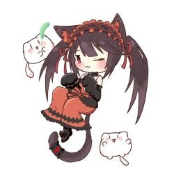 Rule 34 | 1girl, animal ear fluff, animal ears, animal hands, artist name, bare shoulders, black hair, blush, breasts, cat, cat ears, cat paws, cat tail, cat teaser, chibi, cleavage, clock, collar, date a live, dress, gothic lolita, hairband, highres, lolita fashion, lolita hairband, long hair, medium breasts, one eye closed, pannko nekoman, red eyes, ribbon, shoes, simple background, smile, solo, solo focus, tail, thighhighs, tokisaki kurumi, twintails, uneven twintails, white background