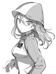 Rule 34 | 10s, 1girl, closed mouth, emblem, from side, girls und panzer, greyscale, hair between eyes, hat, icomochi, jacket, keizoku military uniform, light smile, long hair, long sleeves, looking at viewer, mika (girls und panzer), military, military uniform, monochrome, raglan sleeves, solo, standing, track jacket, uniform, upper body