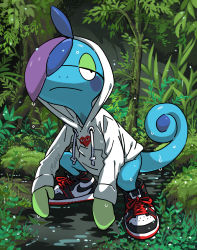 Rule 34 | black eyes, closed mouth, clothed pokemon, commentary request, creatures (company), dripping, drizzile, frown, full body, game freak, gen 8 pokemon, hood, hood up, hoodie, long sleeves, looking to the side, nintendo, pokemon, pokemon (creature), rem (tsulala), shoes, sneakers, solo, spread legs, squatting, twitter username, wet, white hoodie