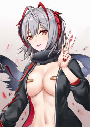 Rule 34 | 1girl, absurdres, ahoge, antennae, areola slip, arknights, bandaid, bandaids on nipples, black jacket, breasts, card, cleavage, gradient background, grey hair, hand up, highres, holding, horns, jacket, king (playing card), king of hearts (playing card), large breasts, long sleeves, looking at viewer, medium hair, momosawa nao, nail polish, navel, no bra, open clothes, open jacket, open mouth, pasties, playing card, red eyes, red nails, scarf, smile, solo, stomach, upper body, w (arknights), white background