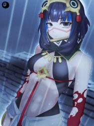 Rule 34 | 1girl, abs, absurdres, black hair, blood, blood on hands, blue hair, blunt bangs, dantonphanton, fate/grand order, fate (series), grey eyes, highres, looking at viewer, multicolored hair, navel, rain, solo, tenochtitlan (fate), tenochtitlan (first ascension) (fate), type-moon, upper body