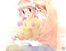 Rule 34 | 1boy, 1girl, :d, arm behind head, arm up, bench, blunt bangs, blush, book, breast envy, brown eyes, brown hair, couple, glasses, hairband, hetero, holding, holding book, iuro, long hair, long sleeves, looking at another, open book, open mouth, original, pink hair, pointing, red eyes, sitting, smile, study, studying, sweater, turtleneck