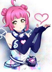 Rule 34 | 1girl, absurdres, ahoge, analog heart (love live!), bare shoulders, blue gloves, blunt bangs, character name, commentary request, double bun, dress, elbow gloves, gloves, hair bun, heart, highres, looking at viewer, love live!, love live! nijigasaki high school idol club, multicolored clothes, multicolored dress, noochan chonoda, parted lips, pink hair, pink nails, sidelocks, signature, sleeveless, sleeveless dress, solo, tennoji rina, upper body, yellow eyes