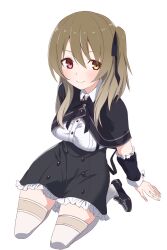 Rule 34 | 1girl, assault lily, black capelet, black footwear, black ribbon, black skirt, blush, breasts, brown hair, buttons, capelet, closed mouth, collared shirt, commentary, detached sleeves, fingernails, frilled skirt, frilled sleeves, frills, full body, gumoyu, hair between eyes, hair ribbon, heterochromia, high-waist skirt, highres, kuo shenlin, loafers, long hair, looking at viewer, medium breasts, miniskirt, neck ribbon, one side up, pink eyes, ribbon, school uniform, seiza, shirt, shoes, simple background, sitting, skirt, solo, suspender skirt, suspenders, thighhighs, white background, white shirt, white thighhighs, yellow eyes, yurigaoka girls academy school uniform