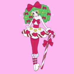 Rule 34 | 1girl, boots, bow, candy, candy cane, colored eyelashes, commentary request, dress, falulu, food, full body, green hair, grey eyes, hair bow, headphones, heart, heart print, high heel boots, high heels, highres, holding, holding candy, holding candy cane, holding food, idol clothes, long hair, looking at viewer, nyaasechan, pantyhose, pink background, pretty series, pripara, red bow, red pantyhose, sidelocks, simple background, solo, standing, twintails, white dress