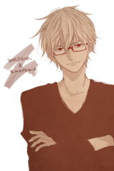 Rule 34 | 1boy, bespectacled, closed mouth, collarbone, commentary request, copyright name, crossed arms, english text, glasses, hair between eyes, long bangs, long sleeves, looking at viewer, male focus, ookami shoujo to kuro ouji, rectangular eyewear, red-framed eyewear, red eyes, sata kyouya, semi-rimless eyewear, sepia, shirt, short hair, simple background, sketch, solo, spot color, straight-on, under-rim eyewear, upper body, v-neck, zk oms