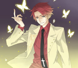 Rule 34 | 1boy, bad id, bad pixiv id, blue eyes, bug, butterfly, cross, formal, gradient background, iccan, insect, male focus, necktie, pointing, red hair, solo, suit, umineko no naku koro ni, ushiromiya battler