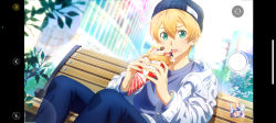 Rule 34 | 1boy, bench, blonde hair, blue pants, blush, camera, camera phone, eugeo, fcc (fengcheche), food, fruit, hat, highres, jacket, open mouth, pants, sitting, strawberry, sunlight, sword art online