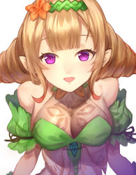 Rule 34 | 1girl, :d, bare shoulders, blonde hair, breasts, cleavage, dress, elf, fire emblem, fire emblem heroes, flower, gradient hair, hair flower, hair ornament, highres, jewelry, jurge, large breasts, long hair, multicolored hair, nintendo, open mouth, peony (fire emblem), pointy ears, portrait, purple eyes, simple background, sleeveless, smile, solo, twintails, upper body, white background