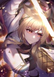 Rule 34 | absurdres, animal ear fluff, animal ears, arknights, armor, artist name, blonde hair, breasts, brown eyes, headset, highres, holding, holding shield, holding sword, holding weapon, horse ears, horse girl, large breasts, long hair, name tag, nearl (arknights), nearl the radiant knight (arknights), njnywy, shield, sword, weapon