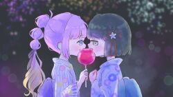 Rule 34 | 2girls, abukero, aerial fireworks, ahoge, anyoji hime, averting eyes, black hair, black ribbon, blonde hair, blue eyes, blunt bangs, blunt ends, blurry, blush, bokeh, candy apple, clenched hand, commentary, covered mouth, depth of field, fireworks, floral print kimono, flower, flower knot, food, gradient hair, green eyes, hair flower, hair ornament, hair ribbon, hand on own chest, highres, holding, holding food, hydrangea print, imminent kiss, link! like! love live!, long hair, looking at another, love live!, momose ginko, multi-tied hair, multicolored hair, multiple girls, night, night sky, pink hair, ponytail, ribbon, short hair, sidelocks, sky, virtual youtuber, yuri