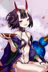 Rule 34 | 1girl, alcohol, breasts, cup, eredhen, eyebrows, fate/grand order, fate (series), forehead jewel, gourd, hand on lap, horns, japanese clothes, jewelry, kimono, kneeling, looking at viewer, navel, oni, open mouth, petals, purple eyes, purple hair, sakazuki, sake, short hair, shuten douji (fate), shuten douji (first ascension) (fate), sitting, skin-covered horns, small breasts, smile, solo