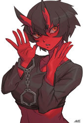 Rule 34 | 1girl, black hair, black shirt, colored skin, cropped shirt, cuffs, handcuffs, hands up, horns, kidouko (zakusi), long sleeves, looking at viewer, oni horns, orange eyes, original, parted lips, red skin, shirt, short hair, signature, simple background, solo, white background, zakusi