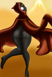 Rule 34 | 1girl, ass, black skin, bottomless, cape, circlet, colored skin, dark-skinned female, dark skin, desert, from behind, glowing, glowing eyes, highres, hood, journey, looking back, maniacpaint, mountain, no arms, no panties, no pupils, oddmachine, personification, robe, solo, traveler (journey), uncensored