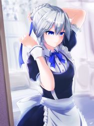 Rule 34 | 1girl, alternate hairstyle, apron, arm up, blue dress, blue eyes, blue ribbon, braid, braided bun, breasts, commentary request, cowboy shot, dress, frilled apron, frills, hair between eyes, hair bun, hair ribbon, hand up, highres, indoors, izayoi sakuya, lace-trimmed sleeves, lace trim, looking at mirror, maid, maid apron, medium breasts, mirror, neck ribbon, pink lips, puffy short sleeves, puffy sleeves, reflection, ribbon, short hair, short sleeves, silver hair, solo, standing, tayutai (user xruy3332), touhou, tying hair, waist apron, wing collar, wrist cuffs