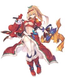 Rule 34 | 1girl, absurdres, bell, blonde hair, blue eyes, boots, breasts, cape, christmas, christmas stocking, closed mouth, commentary request, fal maro, hair ornament, headband, highres, holding, holding sword, holding weapon, holly, large breasts, long hair, looking at viewer, midriff, mittens, navel, original, ponytail, red cape, red footwear, red headband, red mittens, red shirt, red skirt, santa boots, shirt, short sleeves, simple background, skirt, smile, solo, standing, sword, thighhighs, waist cape, weapon, white background, white thighhighs