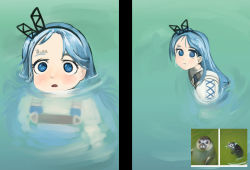 Rule 34 | 1girl, ads (girls&#039; frontline), blue dress, blue eyes, blue hair, blush, d:, dress, frown, girls&#039; frontline, hairband, looking at viewer, open mouth, parted bangs, partially submerged, photo-referenced, pure boy, real life, russian text, seal (animal), sidelocks, submerged, white dress