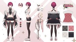 Rule 34 | 1girl, absurdres, artist request, black choker, breasts, character sheet, choker, coat, fingerless gloves, gloves, highres, jkt48v, large breasts, microphone, multiple views, nail polish, open clothes, open coat, pink eyes, pink nails, purple hair, tana nona, virtual youtuber