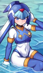 Rule 34 | 1girl, armor, artist name, blue armor, blue eyes, blue helmet, blush, bonoshii, boots, breasts, covered navel, crop top, crotch plate, fairy leviathan (mega man), forehead jewel, hand on own head, highres, medium breasts, mega man (series), mega man zero (series), partially submerged, solo, sparkle, thigh boots, water