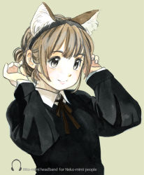Rule 34 | 1girl, akai sashimi, animal ears, cat ears, fake human ears, headband, original, role reversal, smile, solo, string tie