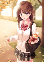Rule 34 | 1girl, bag, blurry, blurry background, bottle, bow, breasts, brown hair, cardigan, collared shirt, commentary request, depth of field, diagonal stripes, grey skirt, highres, holding, holding bottle, long hair, looking at viewer, medium breasts, original, outdoors, parted lips, pink shirt, plaid, plaid skirt, pleated skirt, purple eyes, red bow, school bag, school uniform, shirt, skirt, sleeves past wrists, solo, standing, striped, striped bow, tree, white cardigan, yukimaru217