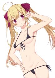 Rule 34 | 1girl, ahoge, arm up, armpits, bikini, black bikini, blush, bow, breasts, collarbone, fuji yoshida, gluteal fold, hair bow, hand on own hip, hand on own head, highres, long hair, looking at viewer, medium breasts, micro bikini, navel, nijisanji, red bow, red eyes, smile, solo, stomach, swimsuit, takamiya rion, thigh gap, thighs, twintails, two side up, virtual youtuber, white background
