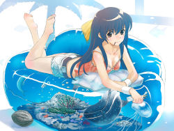 Rule 34 | 1girl, barefoot, blue hair, breasts, brown eyes, camisole, cleavage, coconut, couch, denim, denim shorts, feet, fish, food, hirokiku, jellyfish, long hair, lying, medium breasts, mouth hold, on stomach, original, pocky, shorts, solo, water
