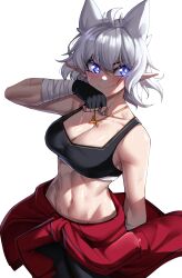 Rule 34 | 1girl, abs, absurdres, black gloves, black pants, black sports bra, blue eyes, blush, borrowed character, breasts, cleavage, collarbone, extra ears, gloves, highres, jewelry, large breasts, looking at viewer, lorel (auraaa), navel, necklace, original, pants, pointy ears, rageman709, short hair, simple background, smile, solo, sports bra, sweat, toned, white background, white hair