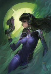 Rule 34 | 1girl, absurdres, animal print, artist name, bad deviantart id, bad id, bodysuit, bracer, breasts, brown eyes, brown hair, cowboy shot, d.va (overwatch), emblem, facepaint, facial mark, finger on trigger, gloves, green background, green theme, gun, headphones, high collar, highres, holding, holding gun, holding weapon, lips, long hair, looking to the side, matching hair/eyes, medium breasts, mike frenier, nose, overwatch, overwatch 1, pilot suit, profile, rabbit print, realistic, ribbed bodysuit, shoulder pads, signature, skin tight, solo, swept bangs, weapon, whisker markings, white gloves