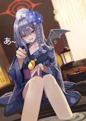 Rule 34 | 1girl, absurdres, anizi, black kimono, black wings, blue archive, blue flower, blush, braid, chopsticks, collarbone, commentary, demon wings, fake wings, flower, food, grey hair, hair flower, hair ornament, halo, haruna (blue archive), haruna (new year) (blue archive), highres, holding, holding chopsticks, japanese clothes, kimono, long hair, long sleeves, looking at viewer, obi, official alternate costume, onsen, open mouth, osechi, red eyes, red halo, sash, shrimp, shrimp tempura, side braid, single wing, sitting, smile, solo, tempura, toes, water, wide sleeves, wings