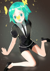 Rule 34 | 1other, :o, absurdres, androgynous, aqua eyes, aqua hair, bug, butterfly, butterfly on head, colored eyelashes, gem uniform (houseki no kuni), green eyes, green hair, highres, houseki no kuni, bug, kkkula (kula), necktie, open mouth, phosphophyllite, short hair, signature, sitting, solo, wariza
