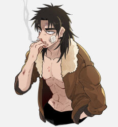 Rule 34 | 1boy, abs, black eyes, blood, bomber jacket, brown hair, brown jacket, cigarette, commentary request, cuts, gauze, injury, inudori, itou kaiji, jacket, kaiji, long hair, long sleeves, looking afar, male focus, medium bangs, no shirt, open clothes, open jacket, parted bangs, scratches, simple background, smoke, smoking, solo, upper body, white background