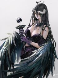 Rule 34 | 1girl, ahoge, albedo (overlord), artist name, bare shoulders, black hair, black wings, breasts, cleavage, closed mouth, demon girl, demon horns, dress, feathered wings, ginnungagap (overlord), gloves, hair between eyes, highres, holding, horns, infukun, jewelry, large breasts, long hair, looking at viewer, low wings, necklace, off-shoulder dress, off shoulder, orb, overlord (maruyama), purple dress, purple gloves, signature, simple background, slit pupils, smile, solo, usekh collar, very long hair, white background, white horns, wings, yellow eyes