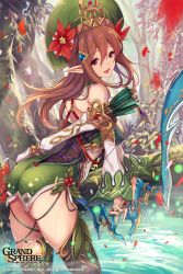 Rule 34 | 1girl, :d, arched back, arrow (projectile), ass, berry, black footwear, boots, bow (weapon), brown hair, commentary request, company name, copyright name, day, detached sleeves, dress, flower, forest, from side, fukai ryosuke, gem, grand sphere, green dress, green hat, hair between eyes, hair ornament, hat, hat flower, holding, holding bow (weapon), holding weapon, leaf, log, long hair, looking at viewer, looking to the side, maple leaf, nature, official art, open mouth, outdoors, petals, pink eyes, pointy ears, quiver, red flower, red gemstone, short dress, skindentation, smile, solo, standing, thigh boots, thighhighs, tree, water, weapon, wet, wind